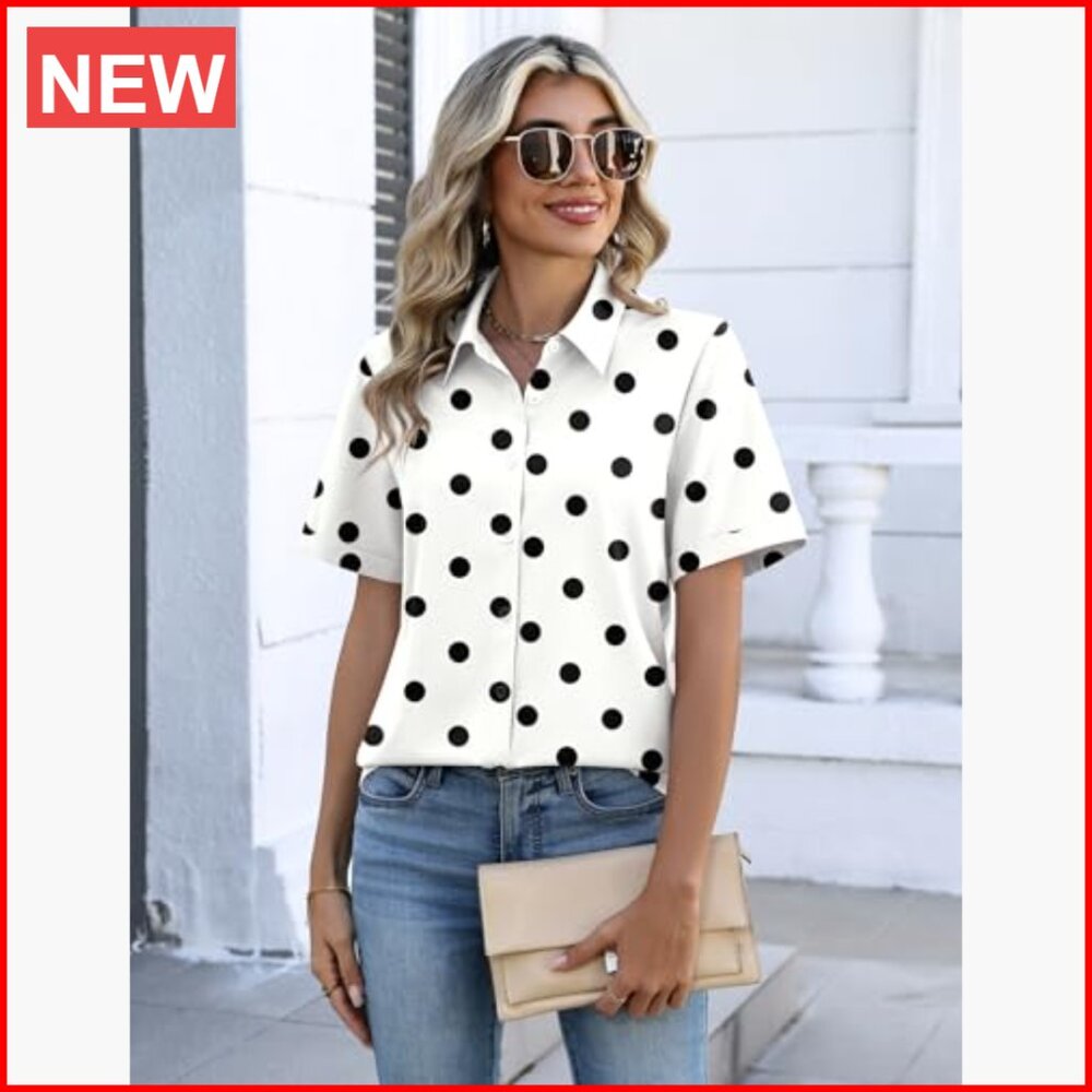 Polyester Blend Button Down Shirt V-Neck Short Sl… - image 2